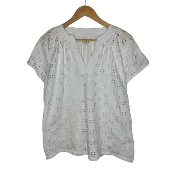 Loft White Eyelet Lace Short Sleeve Cotton Split Neck Flowy Knit Loose Fit Top - Picture 3 of 6